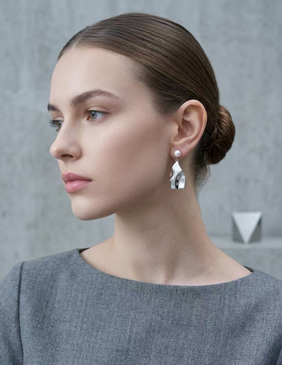 Sculpted Pearl Drop Earrings in Sterling Silver