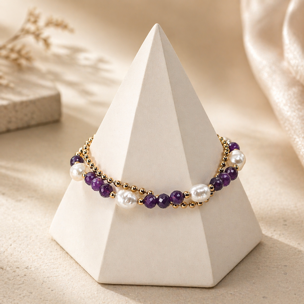 Amara pearl amethyst bracelet displayed on a white pyramid jewelry stand