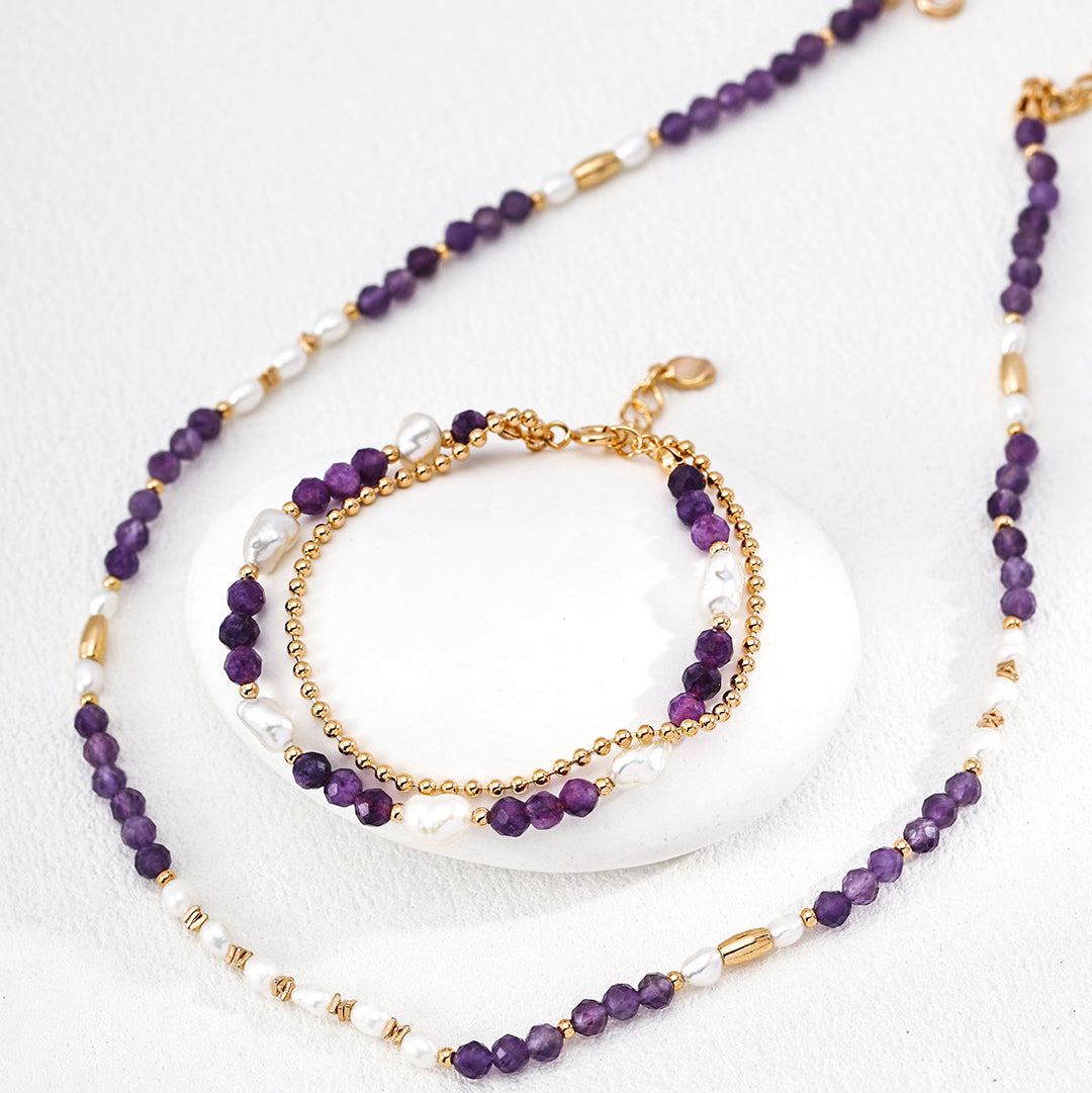 Amara pearl amethyst bracelet and necklace set with vintage gold details by CLINDE JADE