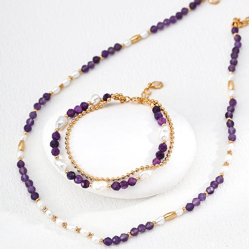 Amara pearl amethyst bracelet and necklace set with vintage gold details by CLINDE JADE