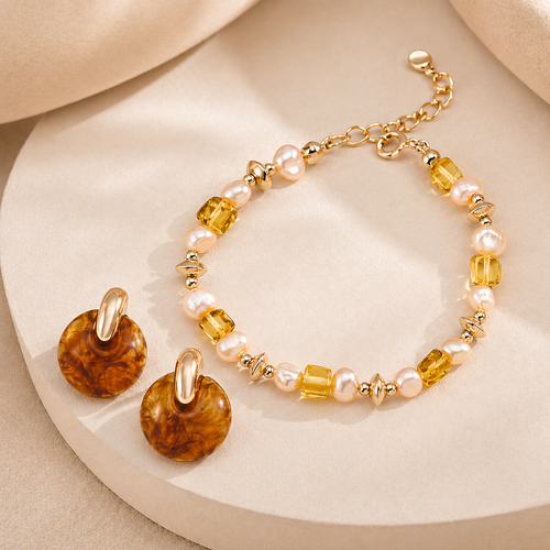 Amber pearl bracelet and matching earrings with champagne pearls and vintage gold finish