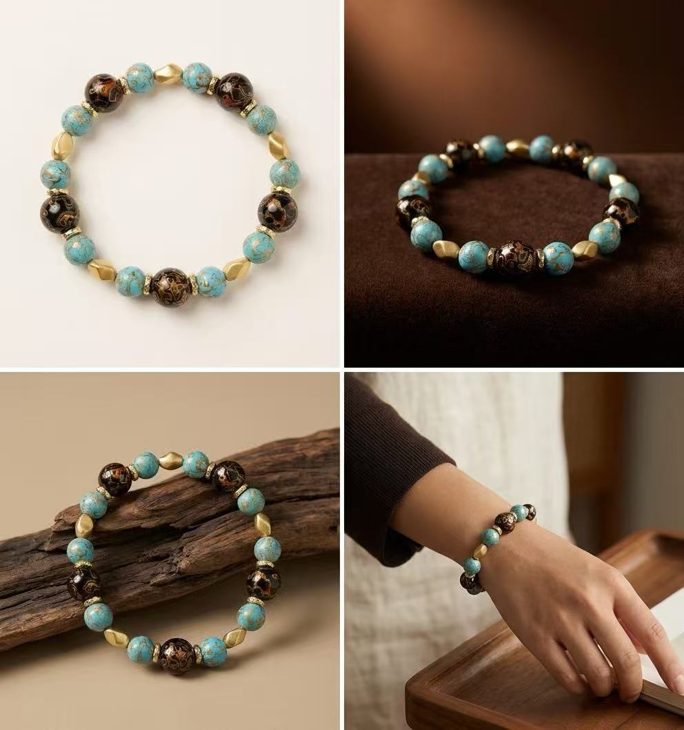 Celestial Aqua & Obsidian Gold Lacquer Bead Bracelet with Pure Gold Accents