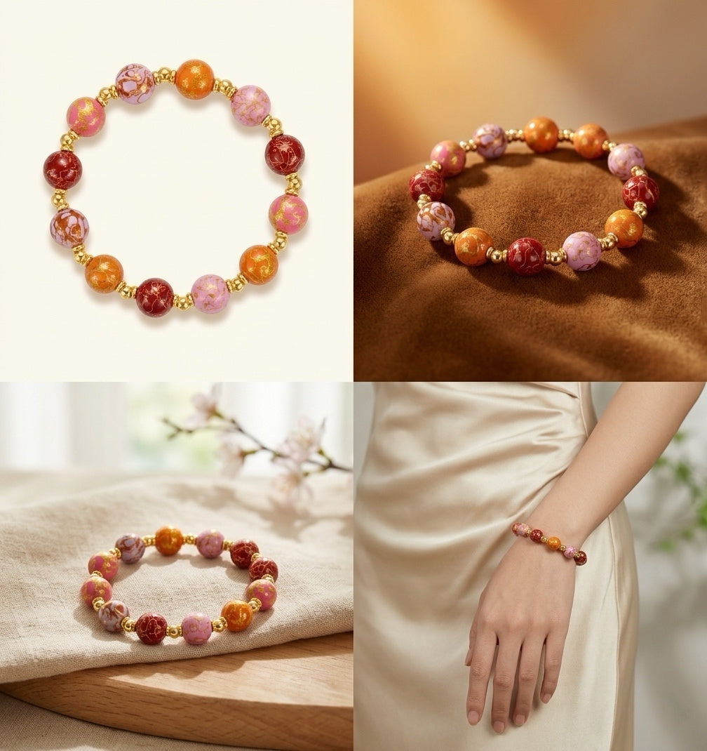 Blush Peony & Imperial Flame Lacquer Bead Bracelet with Pure Gold Accents