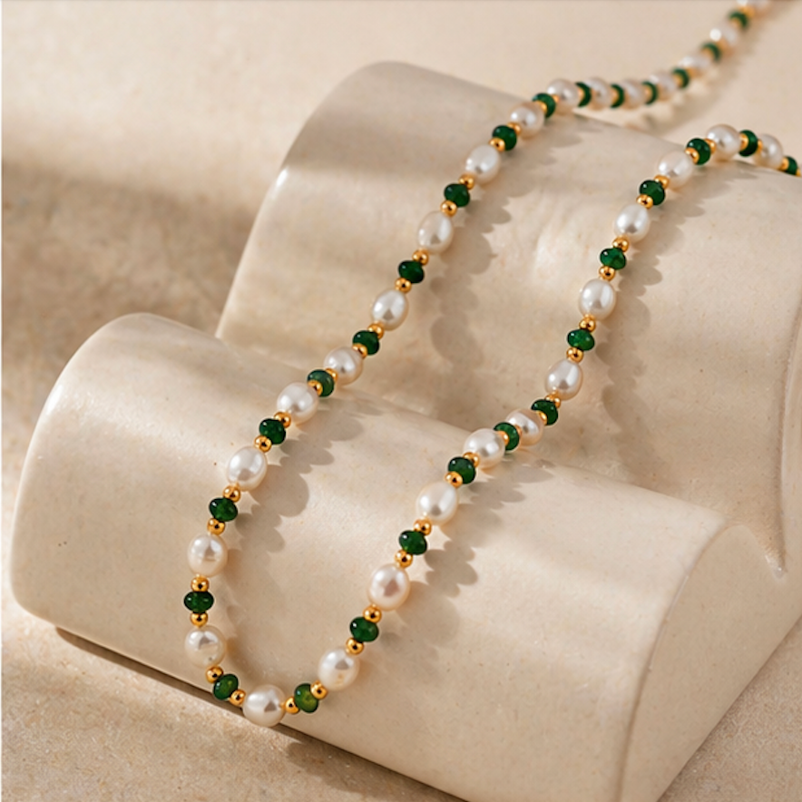 Emerald pearl beaded necklace with vintage gold details by CLINDE JADE
