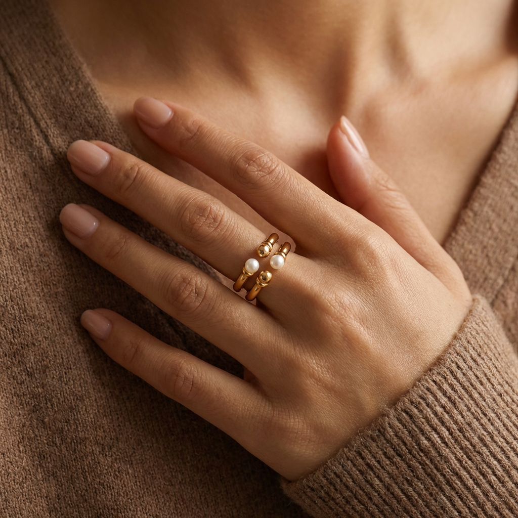 Model wearing vintage gold adjustable pearl open ring with elegant everyday styling.
