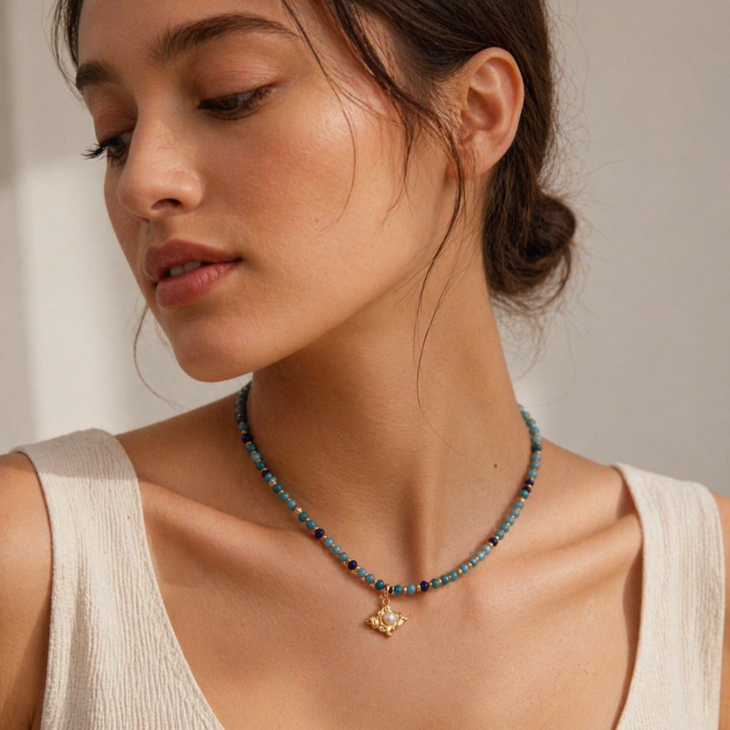 Model wearing lapis lazuli pearl sculptural necklace with an elegant summer outfit